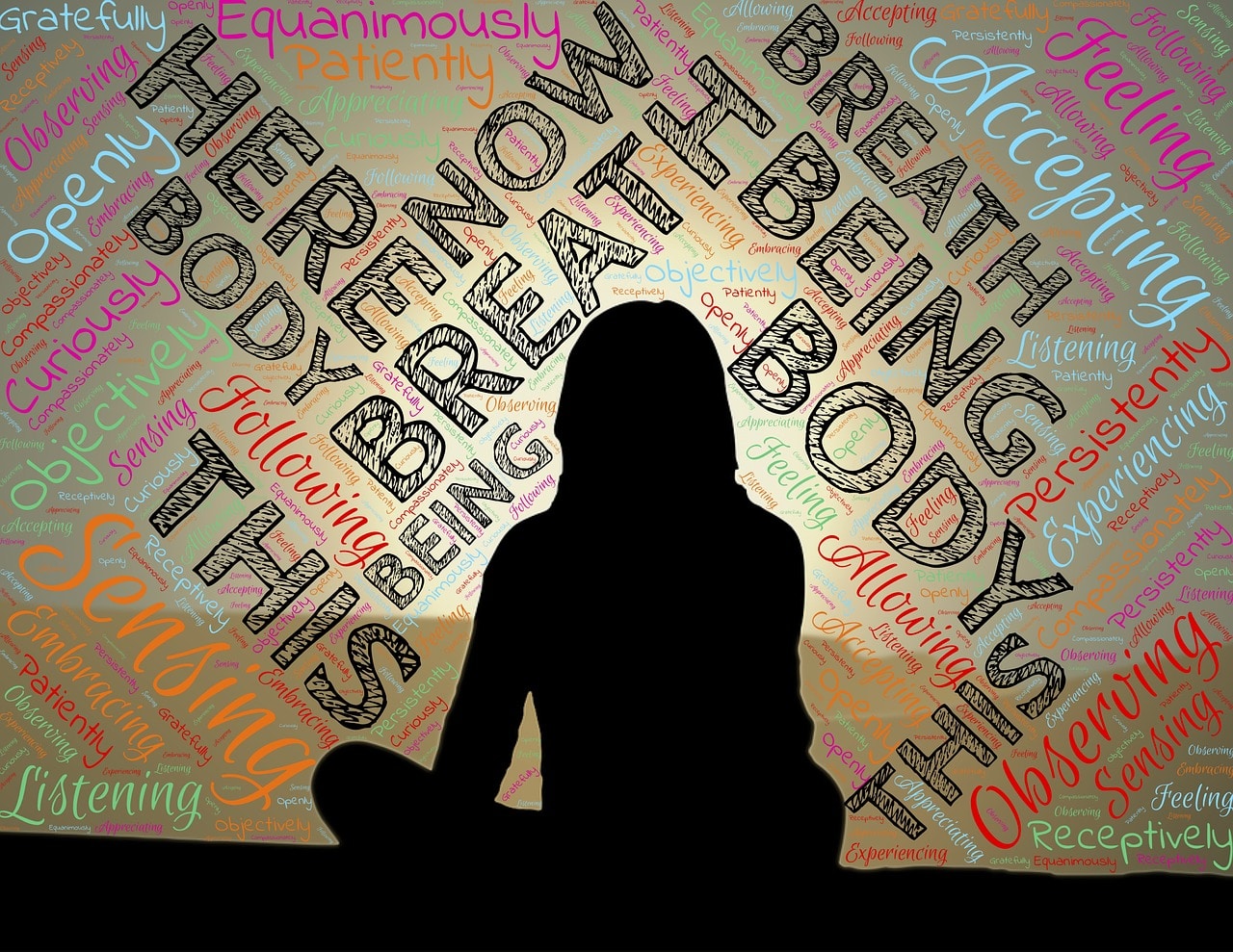 Meditator surrounded by words - mindfulness meditation practice in a busy world